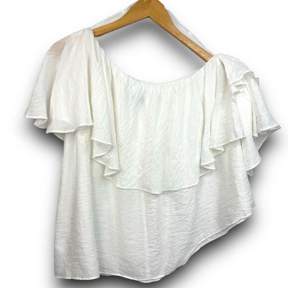 Do+Be Off Shoulder One Sleeve Ruffle Top Blouse Tiered Cropped White Size Small - Picture 3 of 5